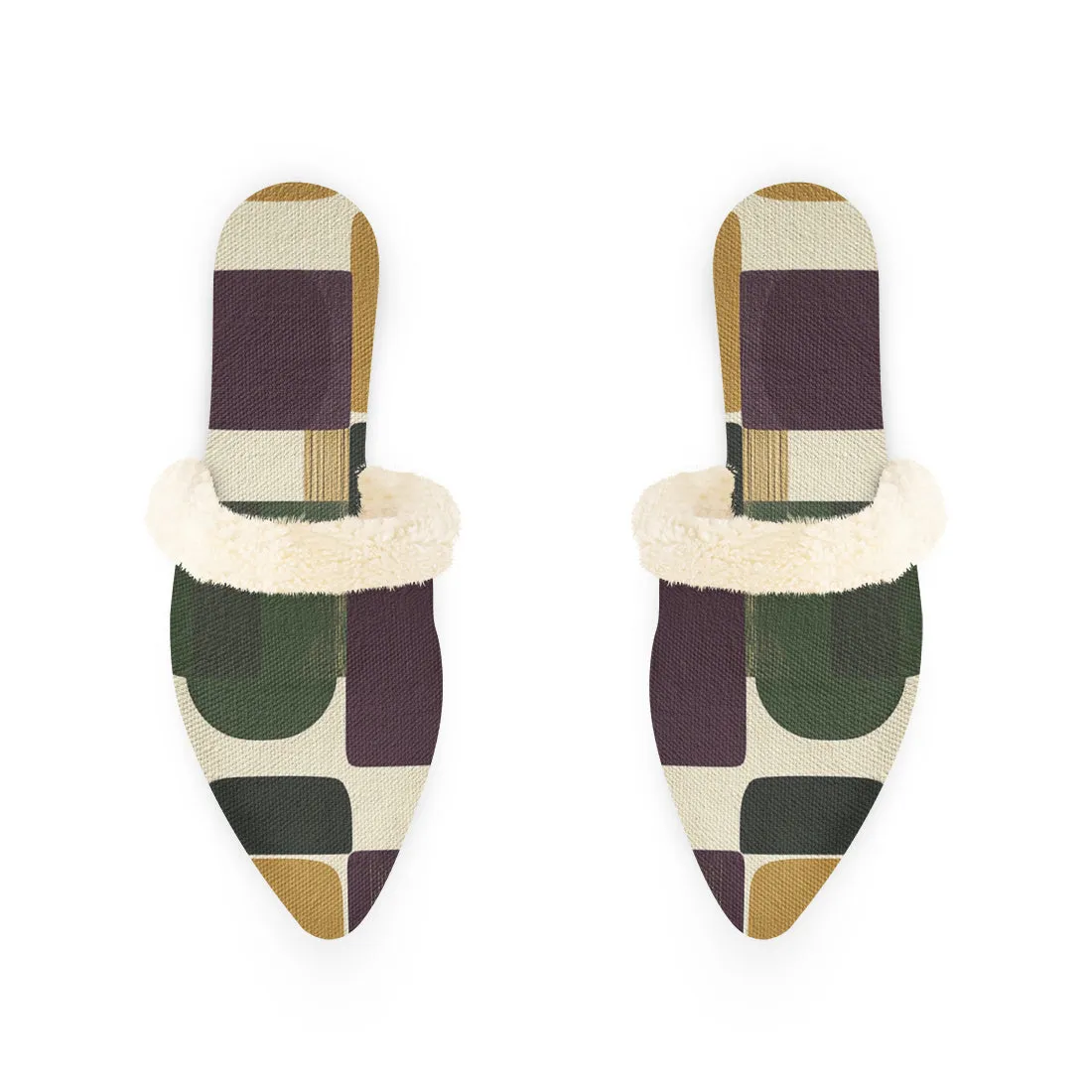 Blocky Geometric Fur-Lined Mules