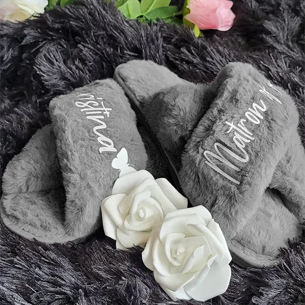BluChi Cute Fluffy Slippers for Women - Personalized Bridesmaid Slippers in Sizes XS to XL - Custom Bride Gift