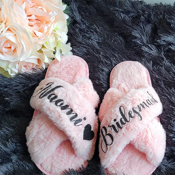 BluChi Cute Fluffy Slippers for Women - Personalized Bridesmaid Slippers in Sizes XS to XL - Custom Bride Gift