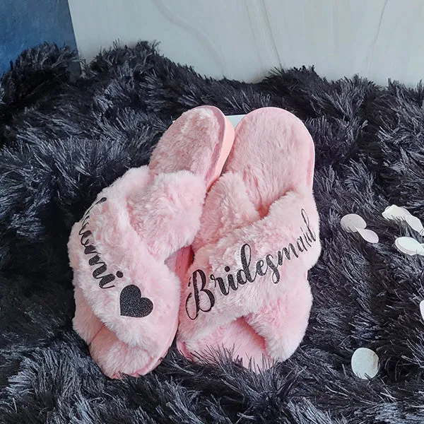 BluChi Cute Fluffy Slippers for Women - Personalized Bridesmaid Slippers in Sizes XS to XL - Custom Bride Gift