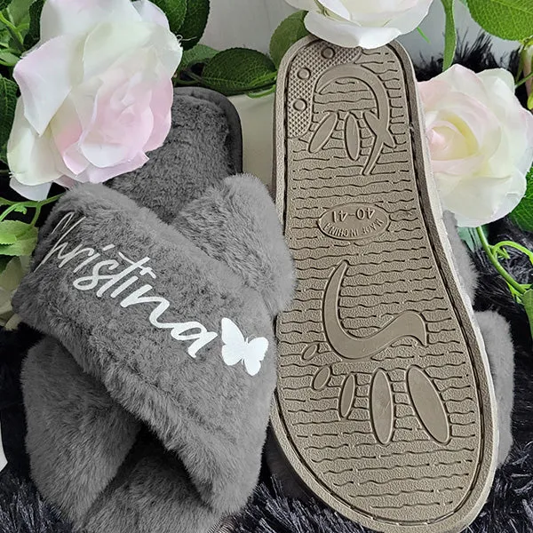 BluChi Cute Fluffy Slippers for Women - Personalized Bridesmaid Slippers in Sizes XS to XL - Custom Bride Gift