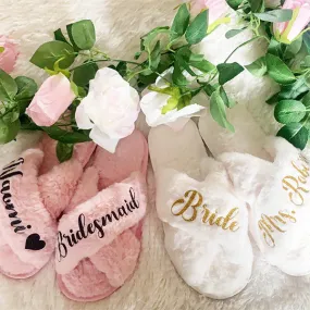 BluChi Cute Fluffy Slippers for Women - Personalized Bridesmaid Slippers in Sizes XS to XL - Custom Bride Gift