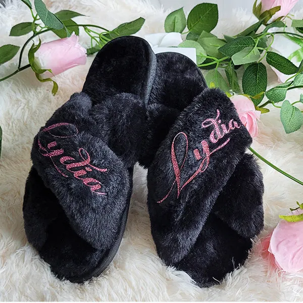 BluChi Cute Fluffy Slippers for Women - Personalized Bridesmaid Slippers in Sizes XS to XL - Custom Bride Gift