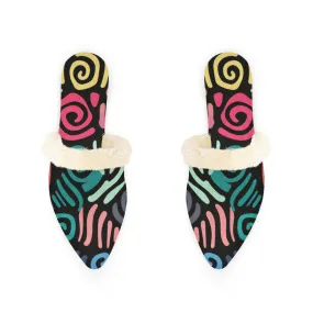 Bold Abstract Pop Art Fur-Lined Mules