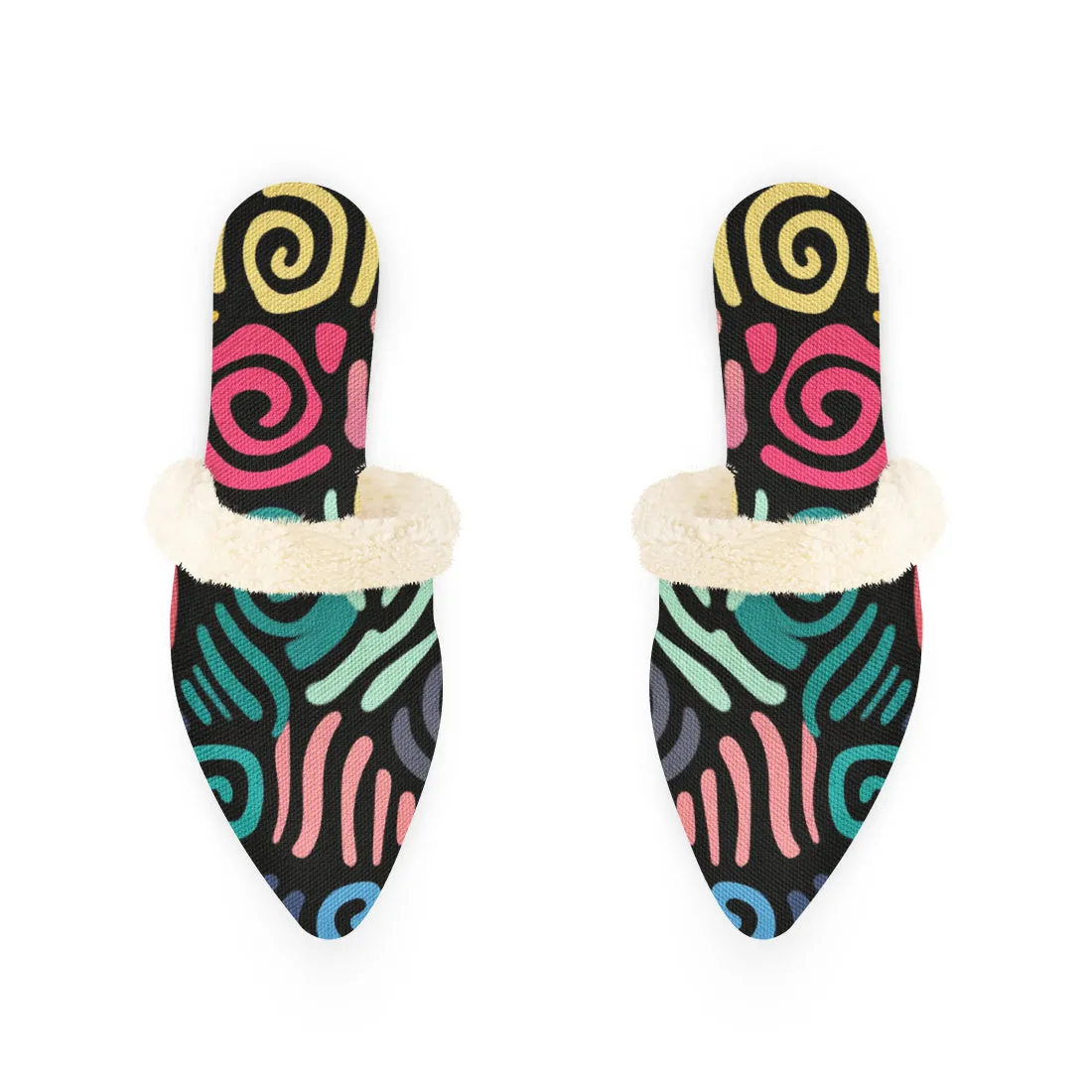 Bold Abstract Pop Art Fur-Lined Mules