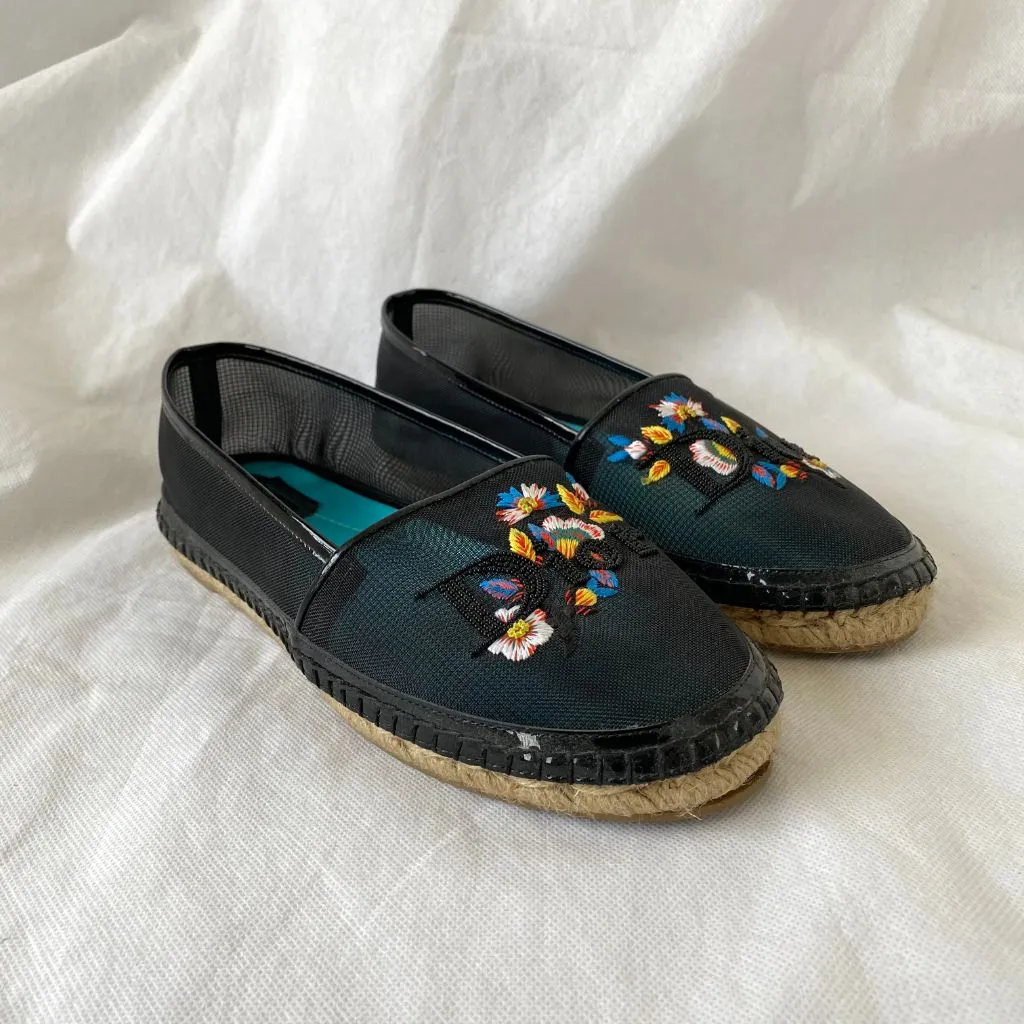 Dior Black Mesh Riviera Embroidered Flat Espadrilles, 38.5