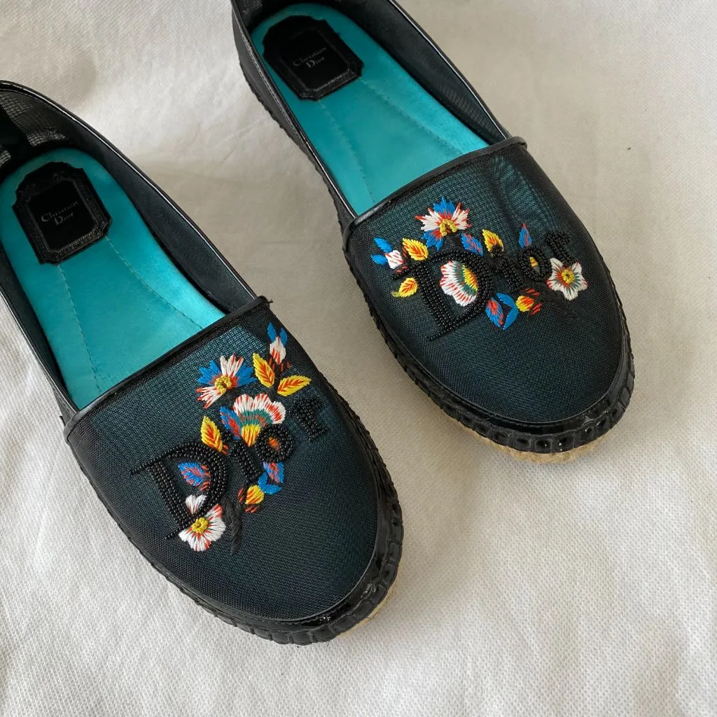 Dior Black Mesh Riviera Embroidered Flat Espadrilles, 38.5