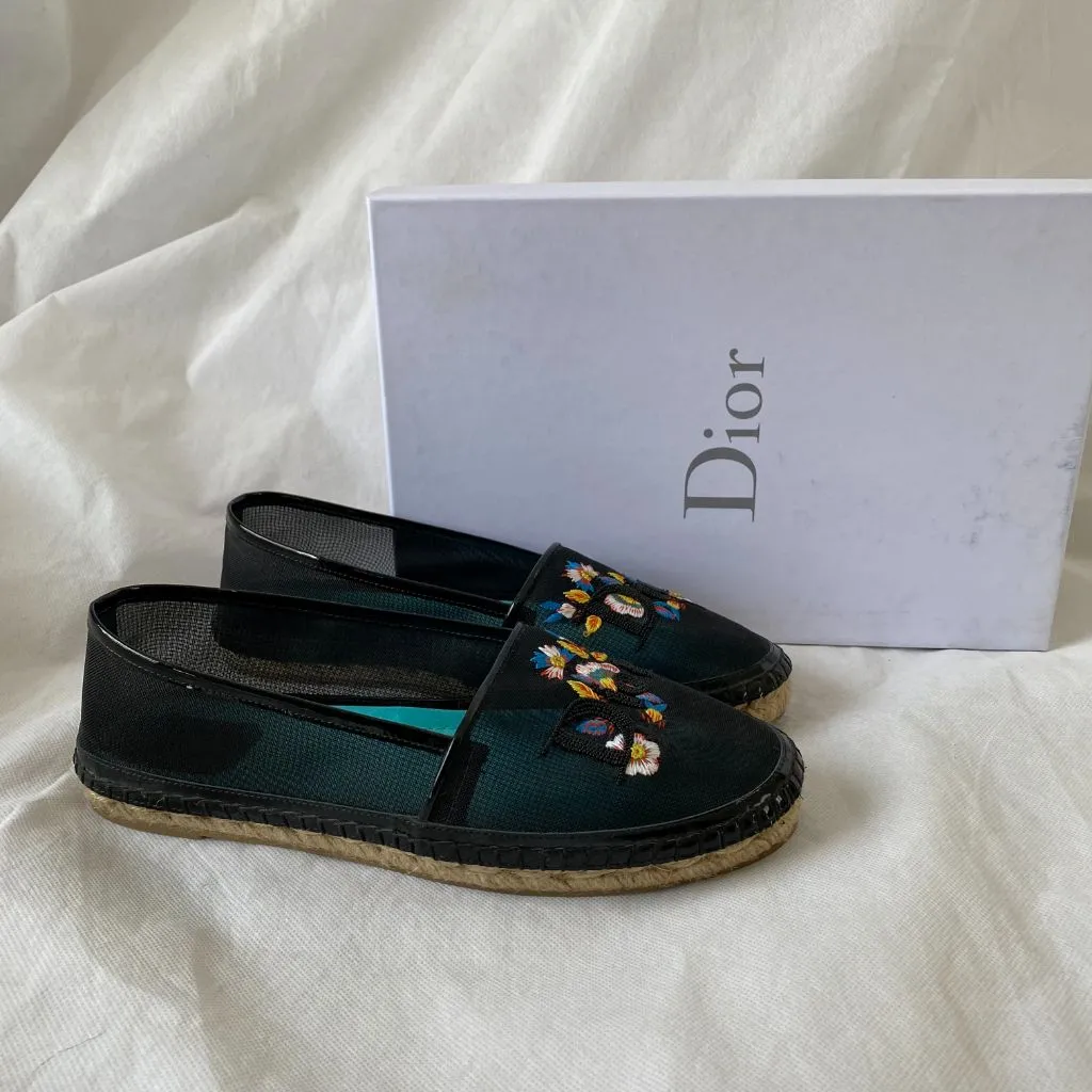 Dior Black Mesh Riviera Embroidered Flat Espadrilles, 38.5