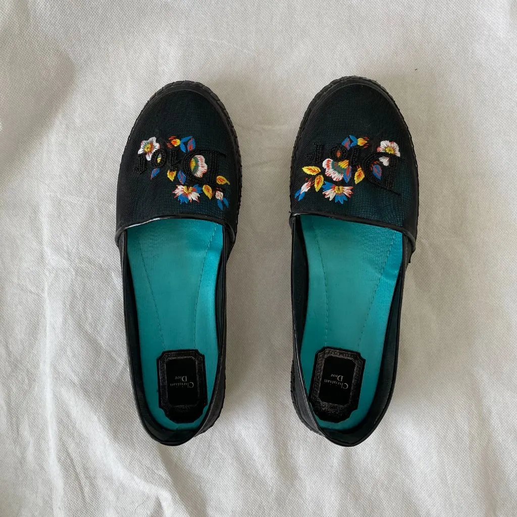 Dior Black Mesh Riviera Embroidered Flat Espadrilles, 38.5
