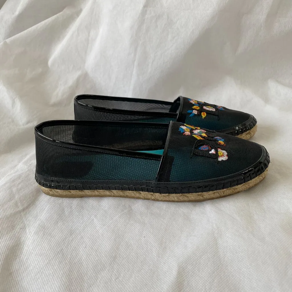 Dior Black Mesh Riviera Embroidered Flat Espadrilles, 38.5