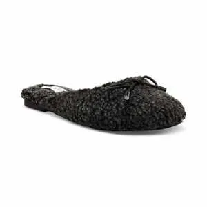 Jessica Simpson Tracee Black Cozy Mule Fur Bow Round Toe Slip On Flat Slippers