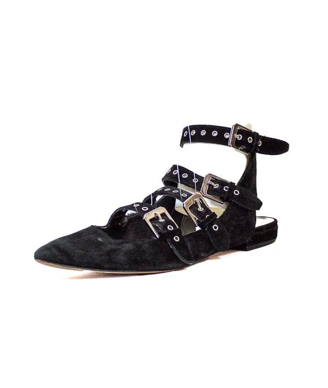 "Elodie" Buckle-Strap Pointed-Toe Flats