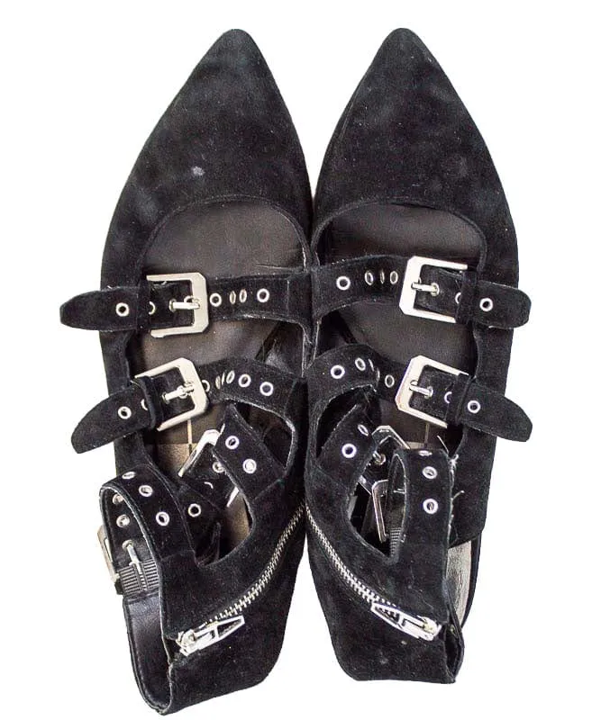 "Elodie" Buckle-Strap Pointed-Toe Flats