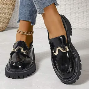 Women's Chunky Heel Thick Sole Slip-On Loafers in Black 25729359C